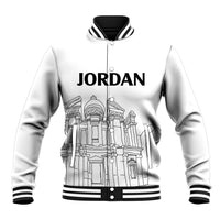White baseball jacket with black ribbed collar/cuffs and Jordan logo front graphic