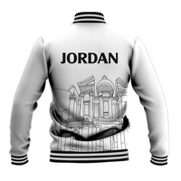 White baseball jacket with black ribbed collar/cuffs and Jordan logo back graphic