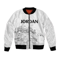 White bomber jacket with black ribbed collar, cuffs, hem; front zipper; Jordan graphic