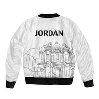 White bomber jacket with black ribbed collar and hem; city skyline print; no zipper visible