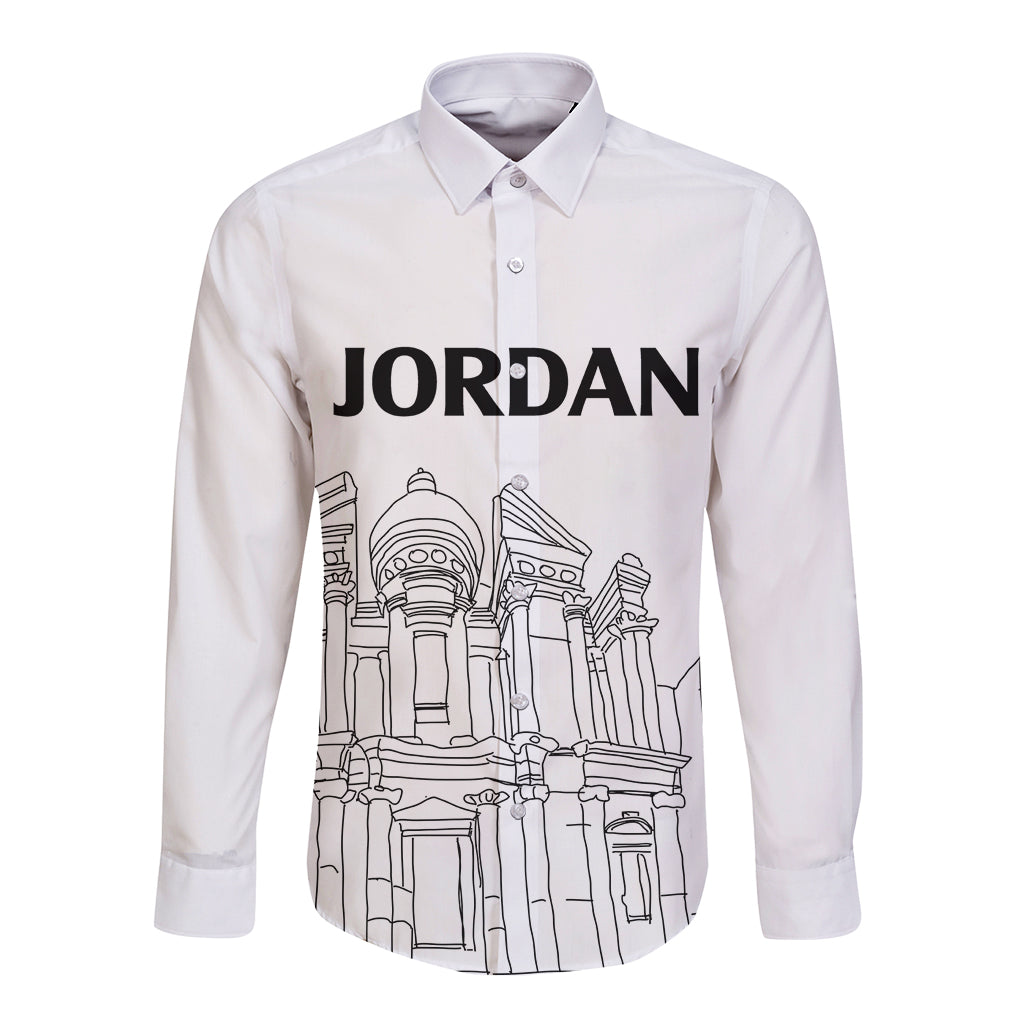 White long-sleeve button shirt with Jordan logo and city line-art print