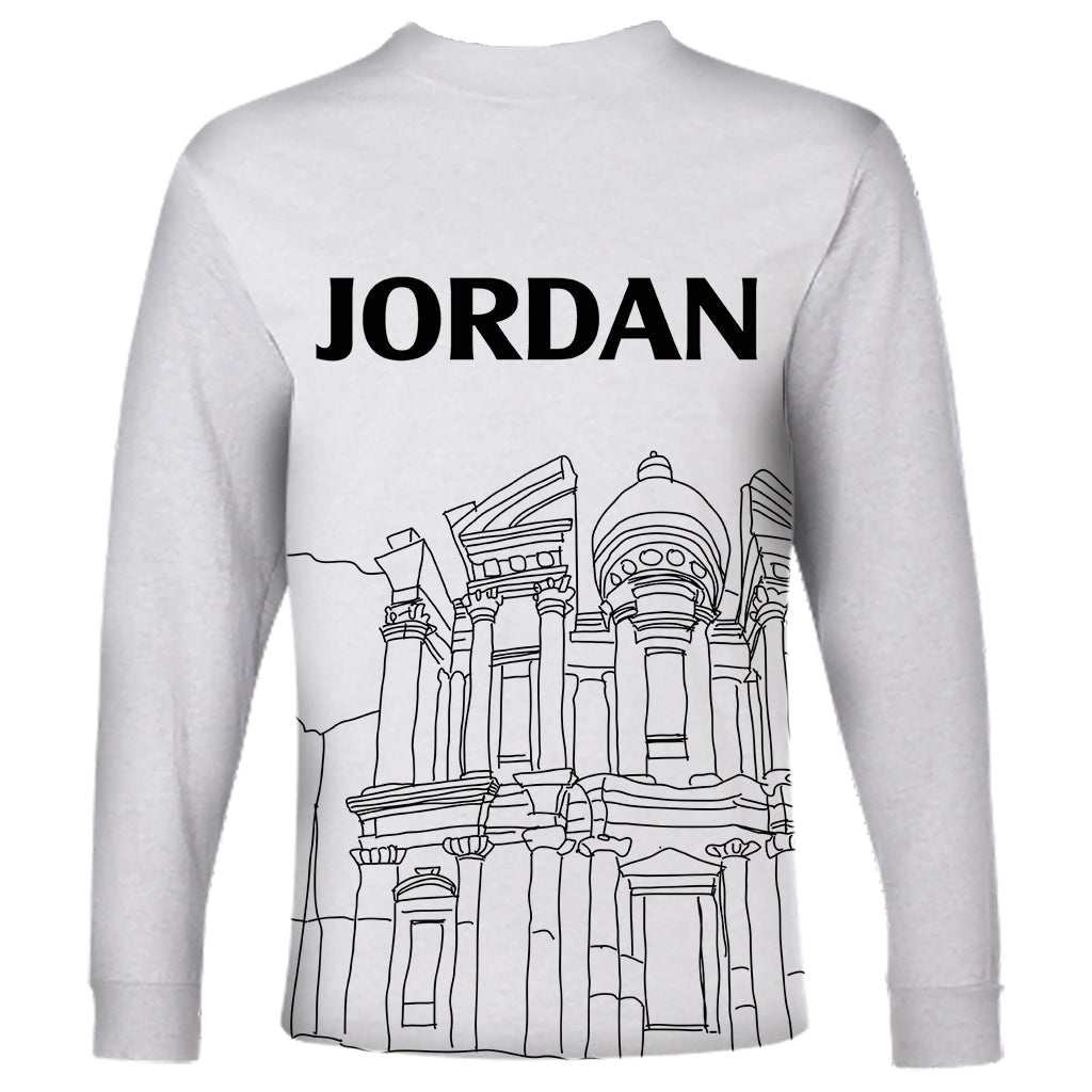 White long-sleeve T-shirt with JORDAN text and line-art city building graphic