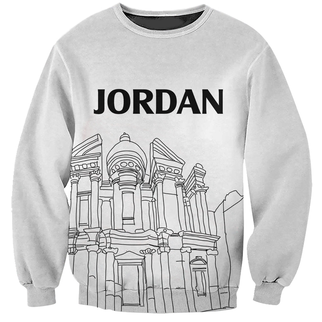 Light gray crewneck sweatshirt with long sleeves, JORDAN text and line art skyline graphic