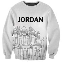 Light gray crewneck sweatshirt with long sleeves, JORDAN text and line art skyline graphic