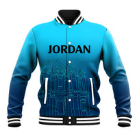 Blue baseball jacket with snap front, striped collar/cuffs, JORDAN and city graphic