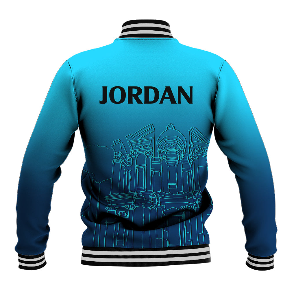 Back of blue baseball jacket with striped trim, JORDAN text, city skyline graphic