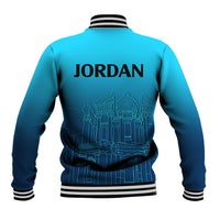 Back of blue baseball jacket with striped trim, JORDAN text, city skyline graphic