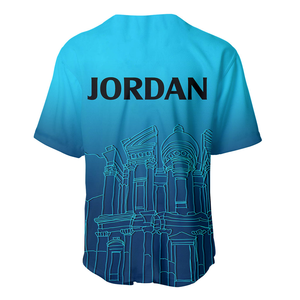 Blue gradient baseball jersey, V-neck; Jordan text and city line-art on back