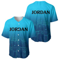 Blue gradient baseball jersey, front and back with Jordan logo and city line-art