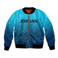 Jordan bomber jacket in blue gradient with black ribbed trim, front zipper, skyline graphic