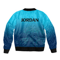 Jordan bomber jacket in blue gradient with black ribbed trim, JORDAN text and skyline print