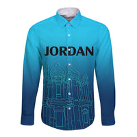 Blue gradient long-sleeve button shirt with skyline line-art and JORDAN on front