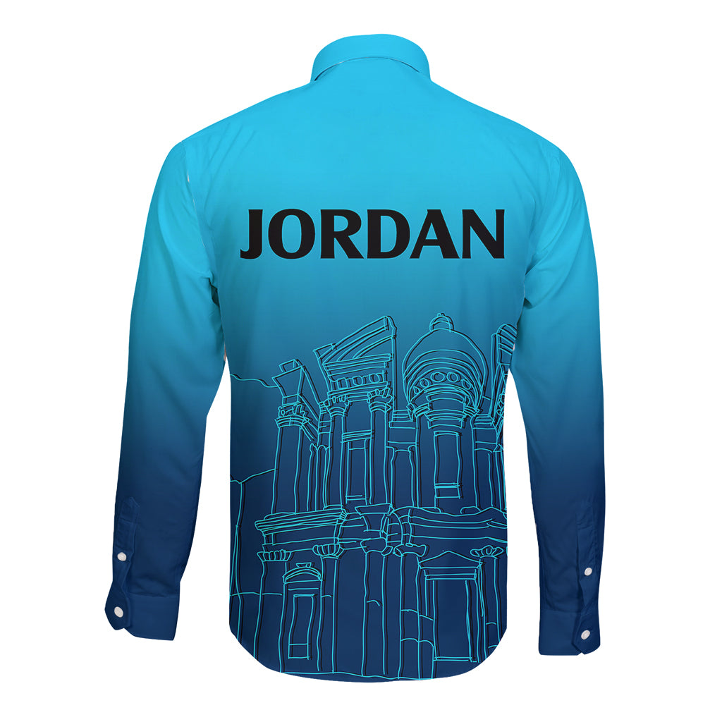 Blue gradient long-sleeve button shirt with skyline line-art and JORDAN on back