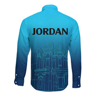 Blue gradient long-sleeve button shirt with skyline line-art and JORDAN on back