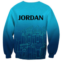Unisex sweatshirt with Jordan text and city skyline graphic, blue gradient back