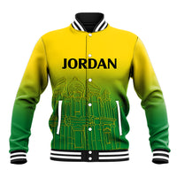 Baseball jacket, yellow-to-green gradient, striped rib collar, snap front, Jordan logo
