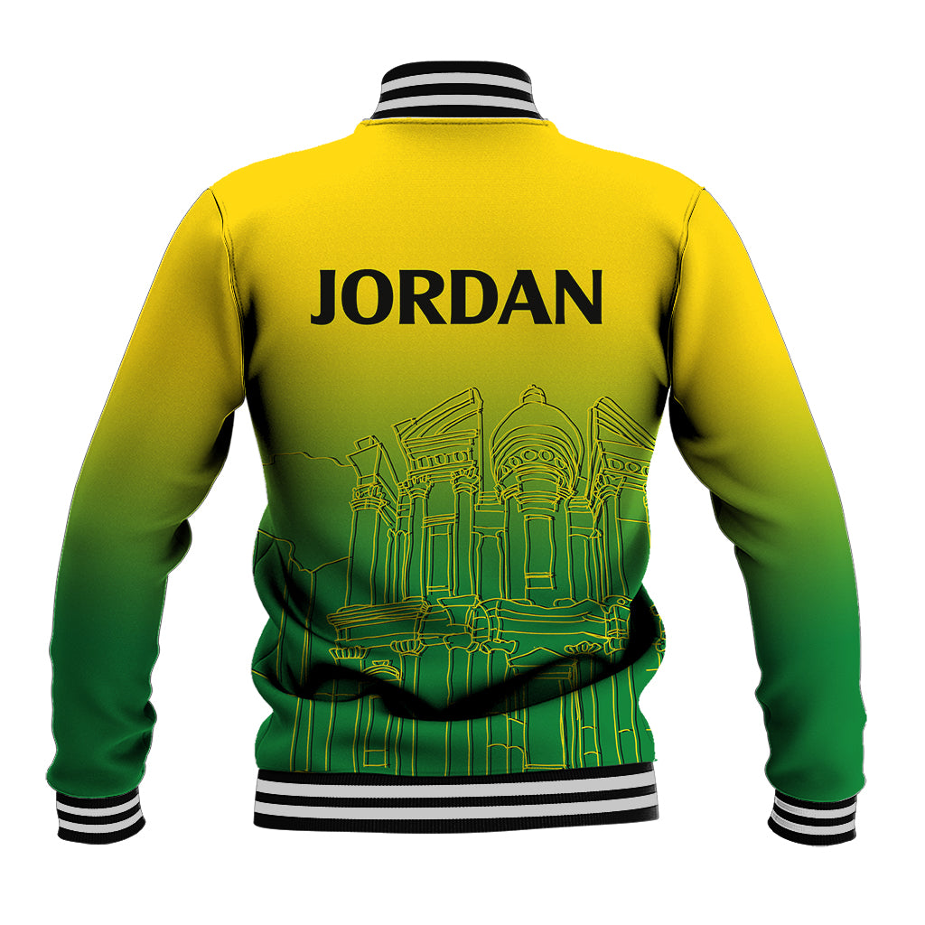 Baseball jacket, yellow-to-green gradient, striped rib cuffs, Jordan back print, skyline graphic