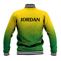 Baseball jacket, yellow-to-green gradient, striped rib cuffs, Jordan back print, skyline graphic