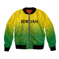 Unisex bomber jacket, yellow-green gradient, front zipper, black ribbed cuffs, JORDAN print