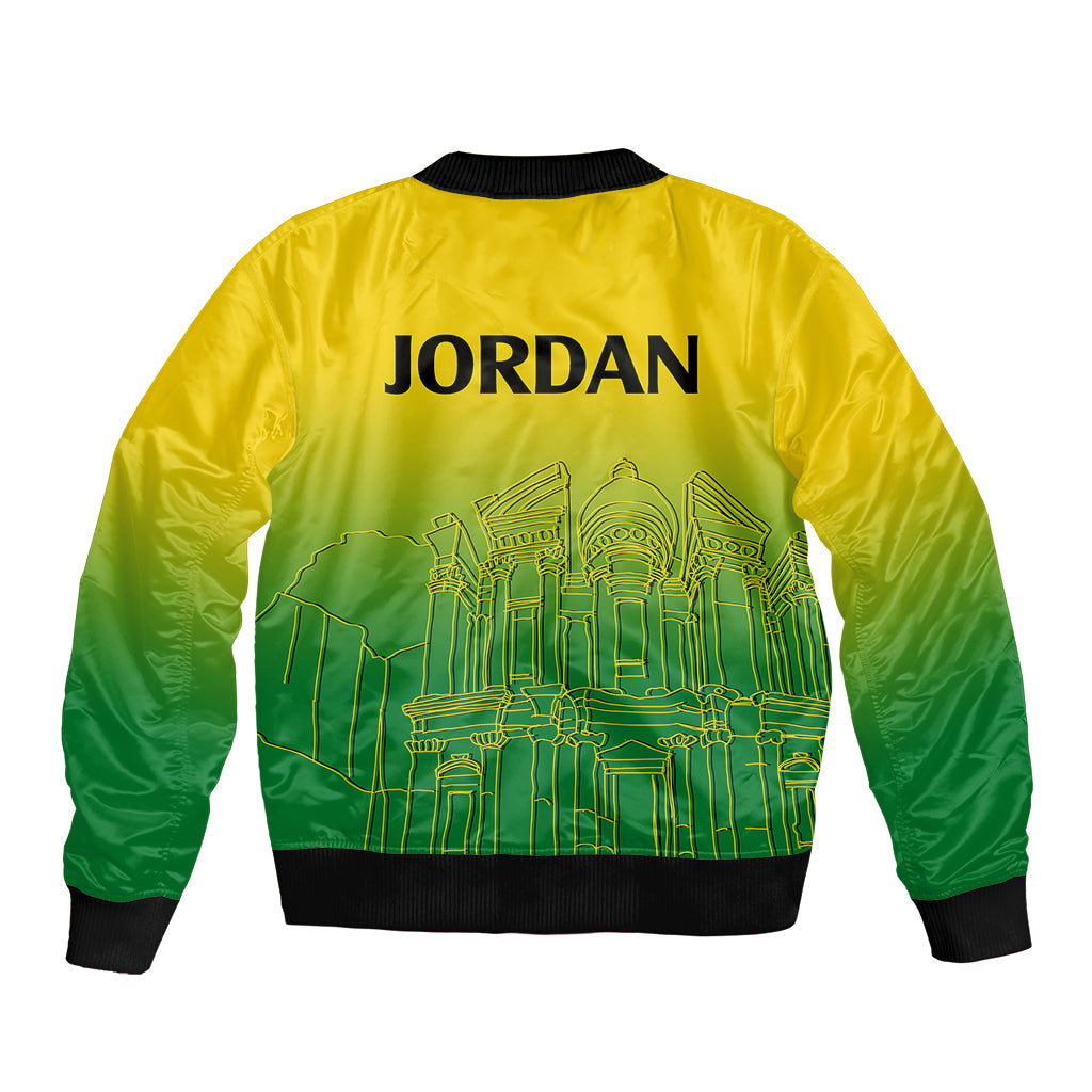 Unisex bomber jacket, yellow-green gradient, black ribbed hem/cuffs, JORDAN and city line art