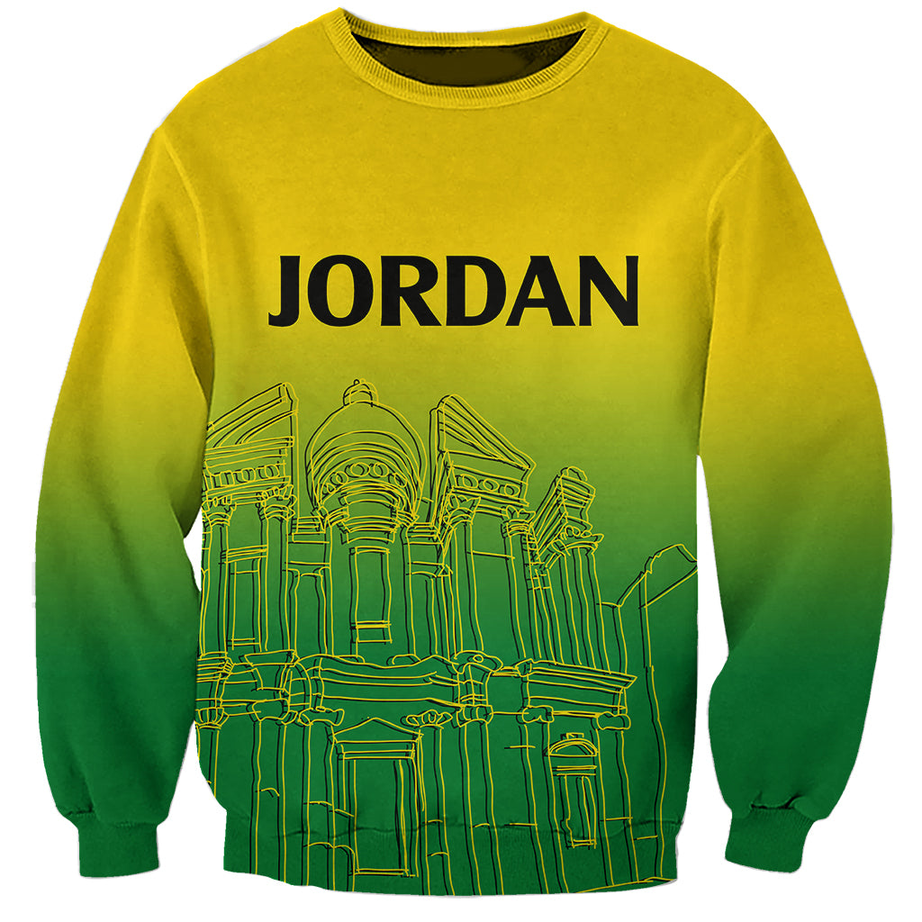 Gradient yellow-to-green sweatshirt with JORDAN text and line-art building graphic