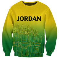 Gradient yellow-to-green sweatshirt with JORDAN text and line-art building graphic