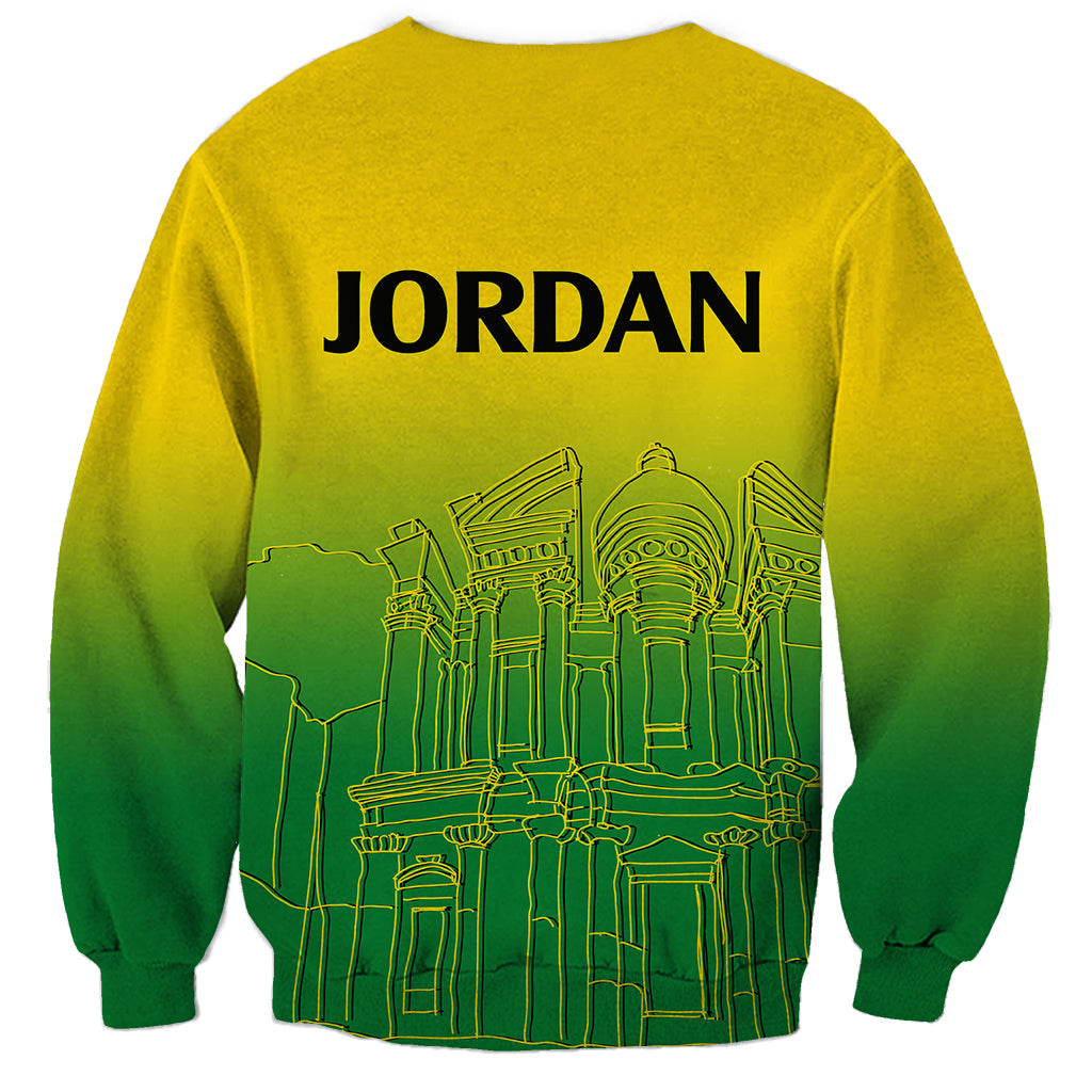 Gradient sweatshirt with JORDAN lettering above green line-art skyline graphic