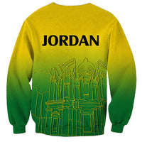 Gradient sweatshirt with JORDAN lettering above green line-art skyline graphic
