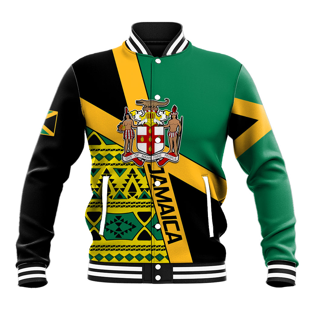 Green and yellow varsity baseball jacket with black trim, crest graphic and striped ribbed collar