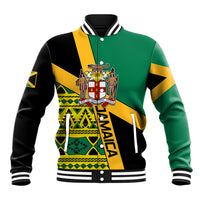 Green and yellow varsity baseball jacket with black trim, crest graphic and striped ribbed collar