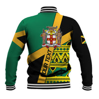 Green and black varsity baseball jacket with yellow trim, large back crest and patterned panels