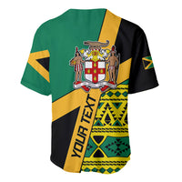 Back baseball jersey in green, yellow and black with crest and Jamaica flag patterns