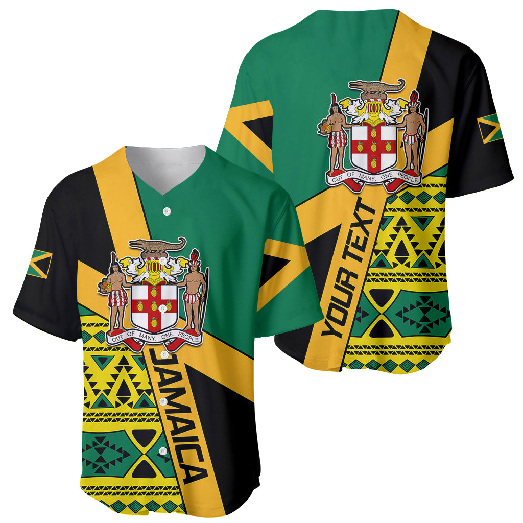 Front and back baseball jersey set in green, yellow and black with crest and Jamaica