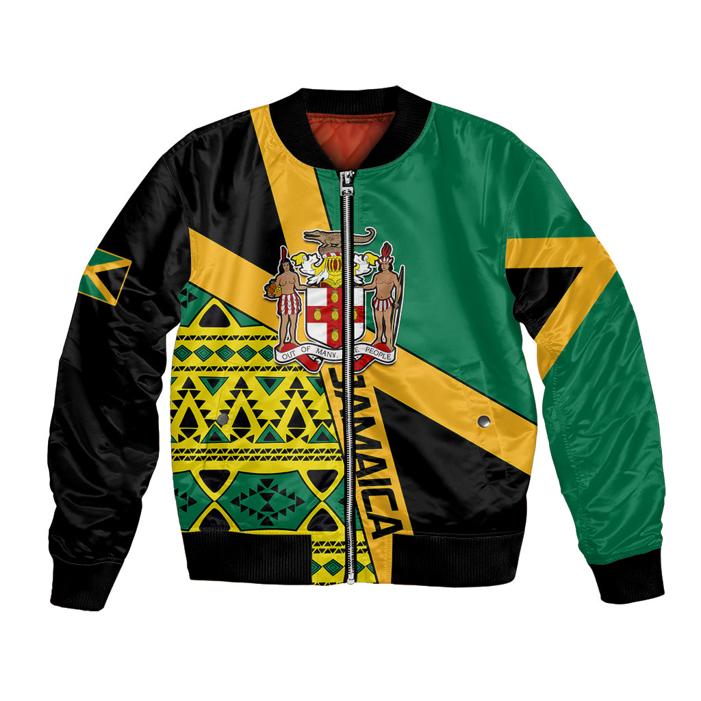Green and black bomber jacket with yellow crest and geometric Jamaican flag print