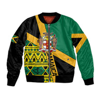Green and black bomber jacket with yellow crest and geometric Jamaican flag print