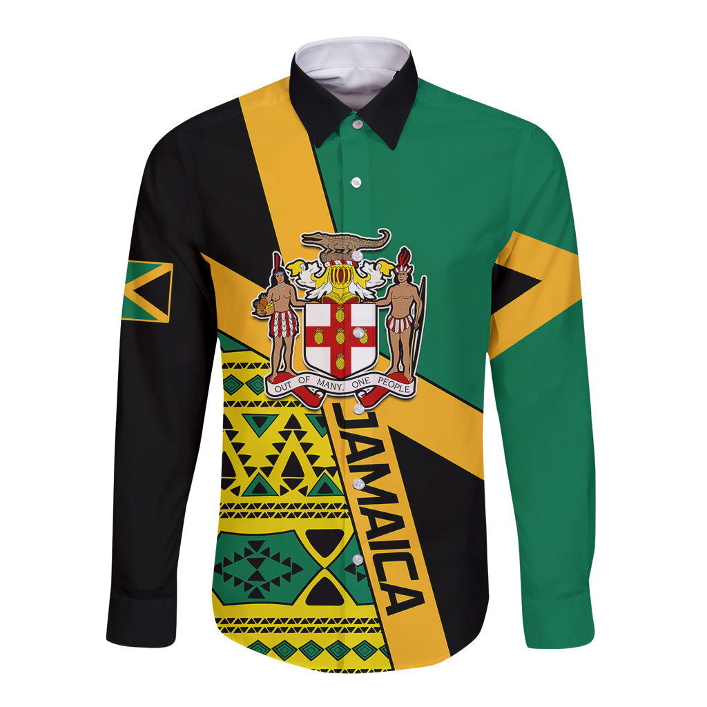 Long sleeve button shirt in Jamaica flag colors, crest graphic, front view