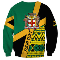 Unisex sweatshirt with green, black, and yellow Jamaican flag design and vertical Jamaica text