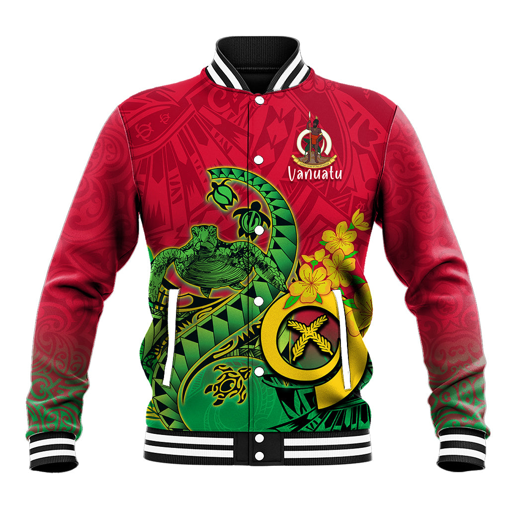 Red baseball jacket with green turtle graphic and Vanuatu logo