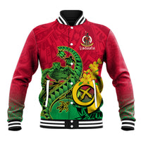 Red baseball jacket with green turtle graphic and Vanuatu logo