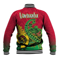 Red baseball jacket back with large Vanuatu text and green sea turtle artwork