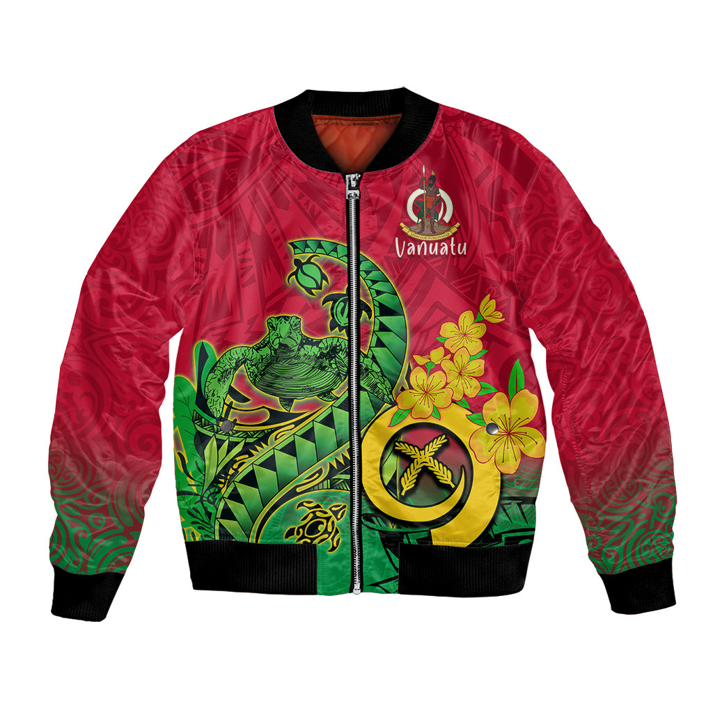 Red bomber jacket with full-zip front and green Polynesian sea turtle artwork