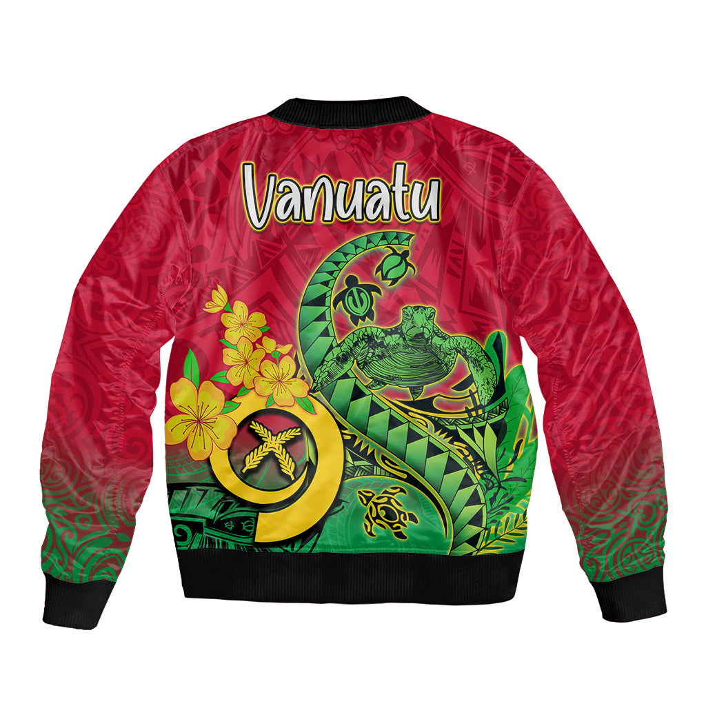 Red bomber jacket back with large green Polynesian sea turtle and flower graphic