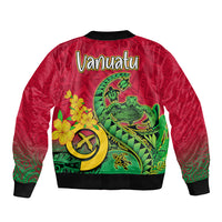 Red bomber jacket back with large green Polynesian sea turtle and flower graphic