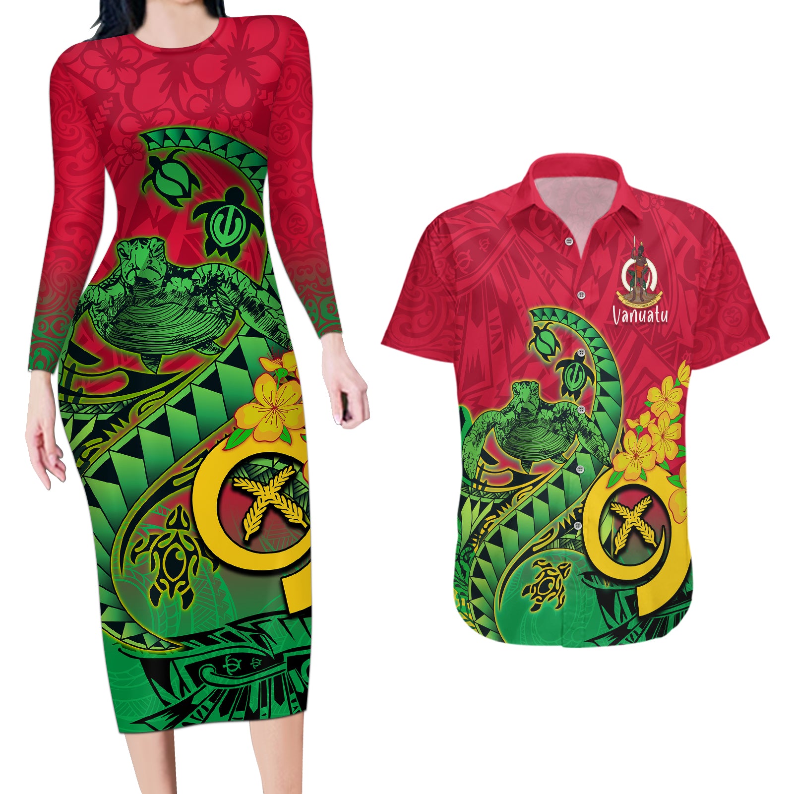 Vanuatu Islands Couples Matching Long Sleeve Bodycon Dress and Hawaiian Shirt Polynesian Tattoo and Sea Turtle LT9 - Wonder Print Shop