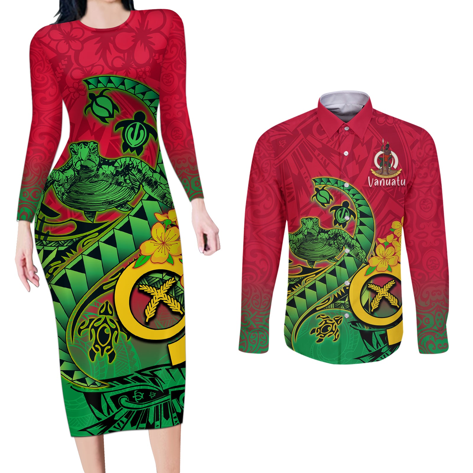 Vanuatu Islands Couples Matching Long Sleeve Bodycon Dress and Long Sleeve Button Shirts Polynesian Tattoo and Sea Turtle LT9 - Wonder Print Shop