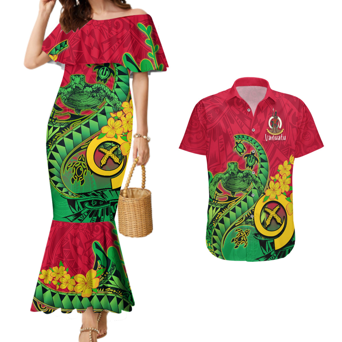 Vanuatu Islands Couples Matching Mermaid Dress And Hawaiian Shirt Polynesian Tattoo and Sea Turtle LT9 - Wonder Print Shop