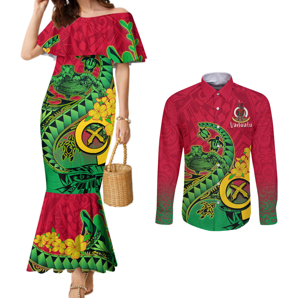 vanuatu-islands-couples-matching-mermaid-dress-and-long-sleeve-button-shirts-polynesian-tattoo-and-sea-turtle