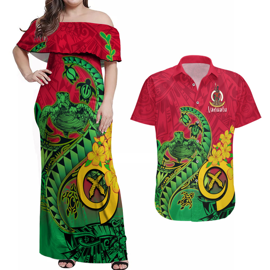 Vanuatu Islands Couples Matching Off Shoulder Maxi Dress and Hawaiian Shirt Polynesian Tattoo and Sea Turtle LT9 - Wonder Print Shop