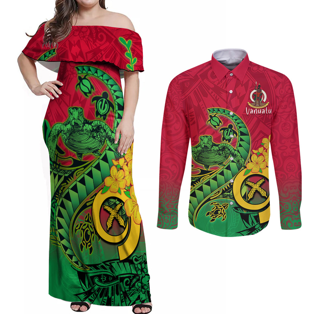 Vanuatu Islands Couples Matching Off Shoulder Maxi Dress and Long Sleeve Button Shirts Polynesian Tattoo and Sea Turtle LT9 - Wonder Print Shop