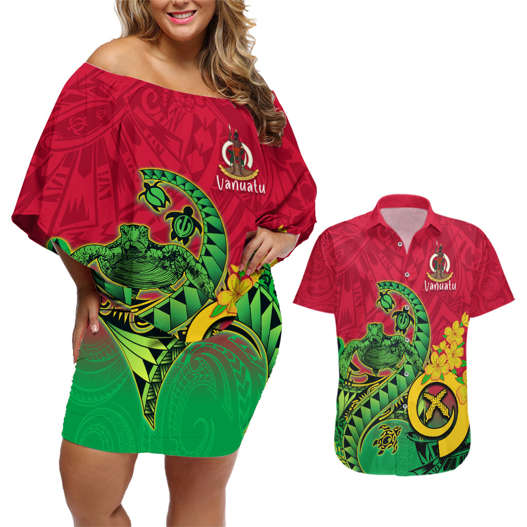 Vanuatu Islands Couples Matching Off Shoulder Short Dress and Hawaiian Shirt Polynesian Tattoo and Sea Turtle LT9 - Wonder Print Shop